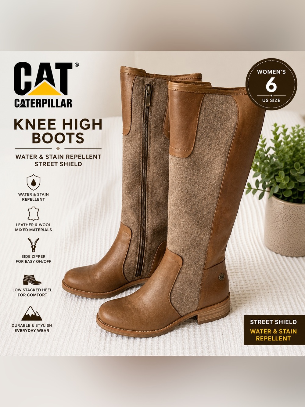 CAT Caterpillar Women’s Size 6 Brown Leather Wool Knee High Boots Street Shield
